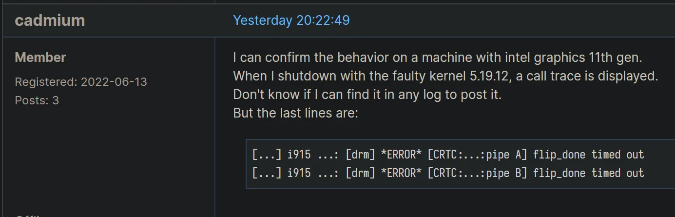 Forum post identifying Intel Tiger Lake iGPU as affected